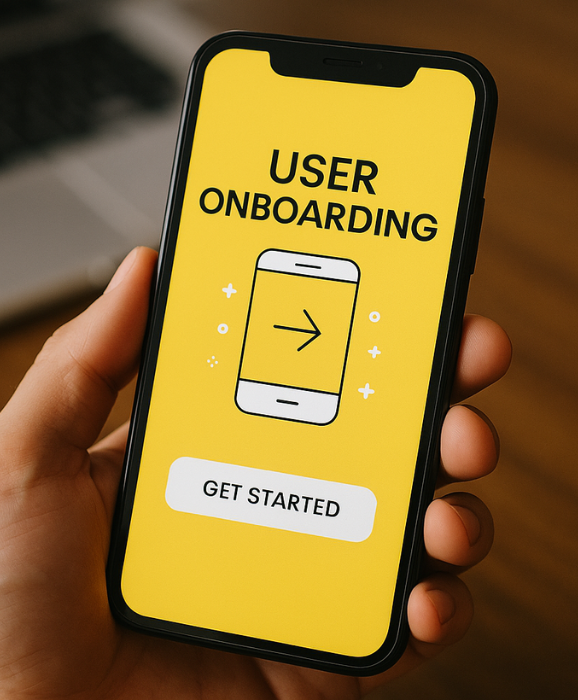 Nahaufnahme einer Hand, die ein Smartphone mit einem gelben App-Bildschirm hält. Auf dem Screen steht ,User Onboarding‘ über einer minimalistischen Smartphone-Illustration mit Pfeil und einem weißen Button mit der Aufschrift ,Get Started‘. Der Hintergrund ist warm und leicht unscharf, mit Laptop und Holztisch im Hintergrund.