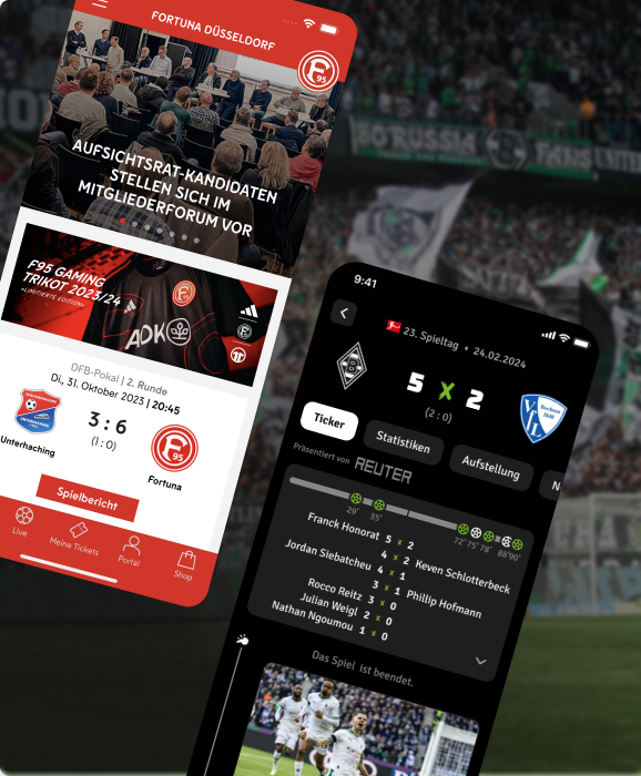 Zwei Smartphone-Screens mit Fußball-Apps: links die Fortuna Düsseldorf App mit Spielbericht und Mitglieder-News, rechts die Borussia Mönchengladbach App mit Live-Ergebnis und Match-Details. Im Hintergrund verschwommen ein Fußballstadion.