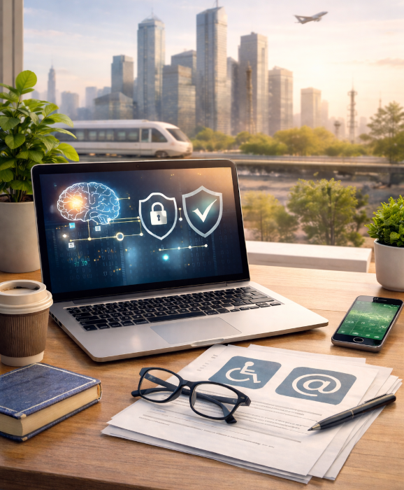 Moderner Arbeitsplatz mit Laptop vor urbaner Skyline, auf dem Bildschirm Symbole für Künstliche Intelligenz, IT-Sicherheit und digitale Produktqualität; ruhige, helle Szenerie als Visualisierung für Tech-Trends, Regulierung und digitale B2B-Produkte 2026.